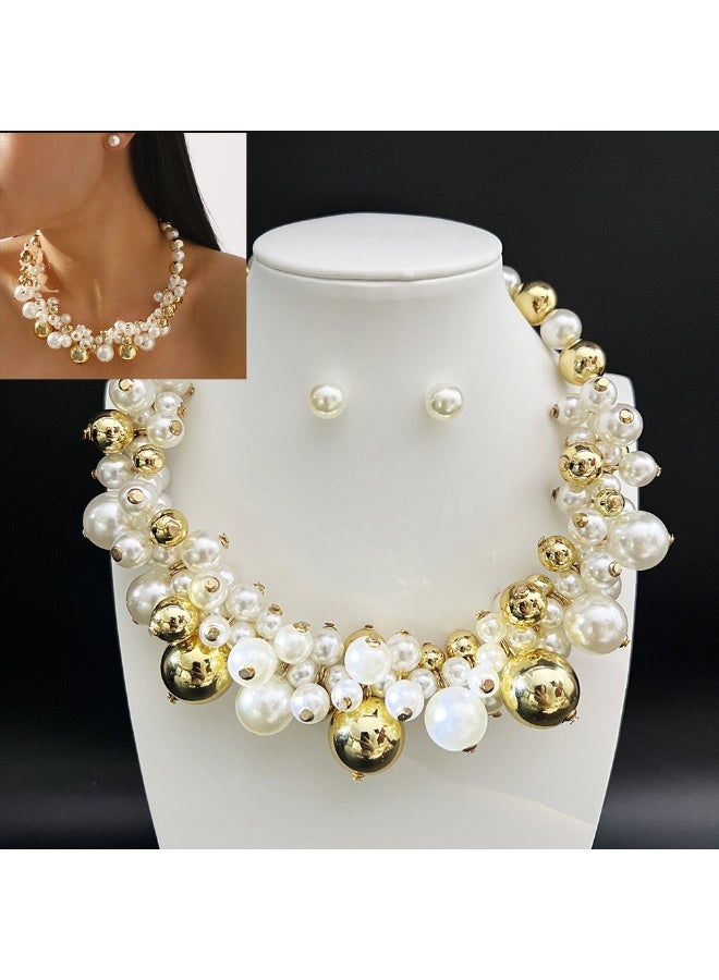 طقم قلادة كولير وأقراط من اللؤلؤ الفينتاج بأحجام مختلطة - مجوهرات عنقودية زهرية منسوجة يدويًا للنساء، مثالي لحفلات الزفاف، الحفلات الرسمية (بروم) والارتداء اليومي - Image 1